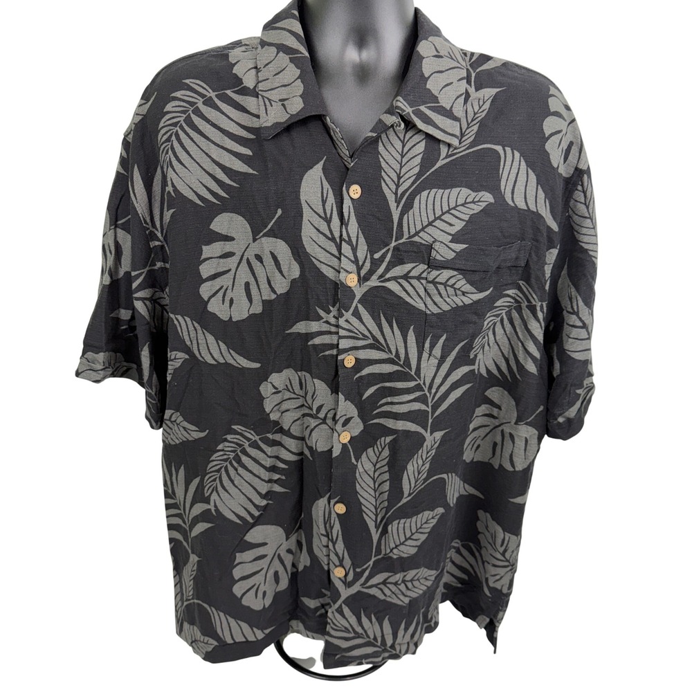 Jamaica Jaxx Mens XXL Silk Tropical Leaf Button Down Shirt Black Grey